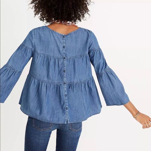 Madewell Women's Tiered Button Back Chambray Denim Top, Size XS - Picture 2 of 11